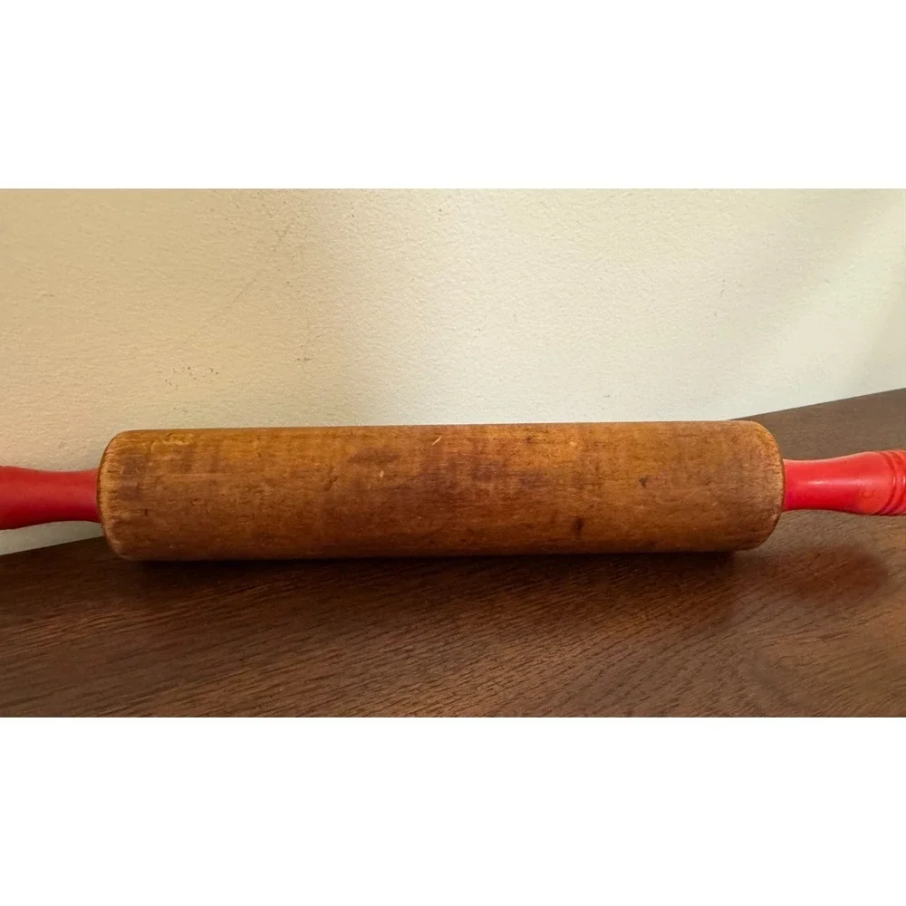 Antique Wood Rolling Pin Painted Red Handles 17.5
